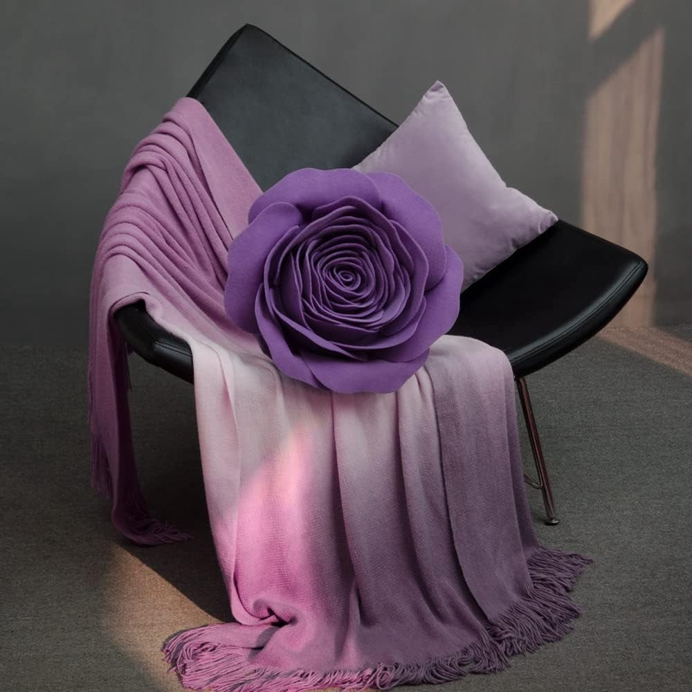 JWH 3D Round Decorative Handmade Valentine Flower Throw Pillow Covers with insert for Couch Bed Living Room Chair Bedroom 14 Inch Lilac