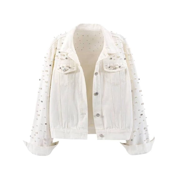 Mceream Women's Pearls Denim Jacket Cropped Rhinestones Jean Jacket Coat Plus Size Outwear Abrigos Elegantes Para Mujer White M