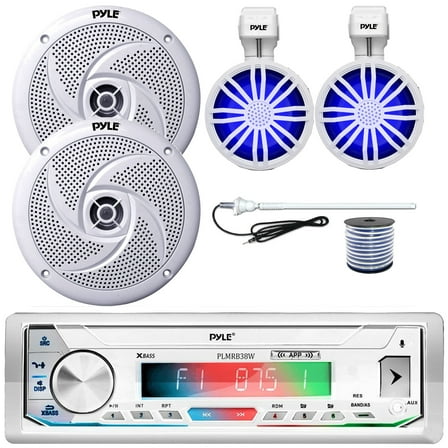 Pyle PLMRB39W LCD Display Single-DIN Marine Bluetooth USB/AUX MP3 Player AM/FM Radio Stereo White Receiver, 2x 3.5’’ 20W Max Power LED Off-Road Speakers 2x 8'' 320W Max 2-Way Speakers, Antenna, Wire