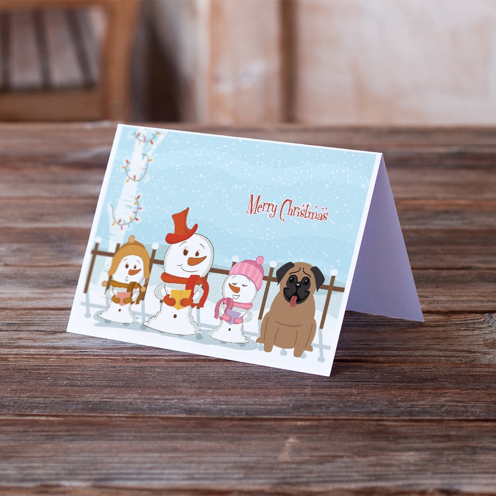 Merry Christmas Carolers Pug Brown Greeting Cards and Envelopes Pack of 8