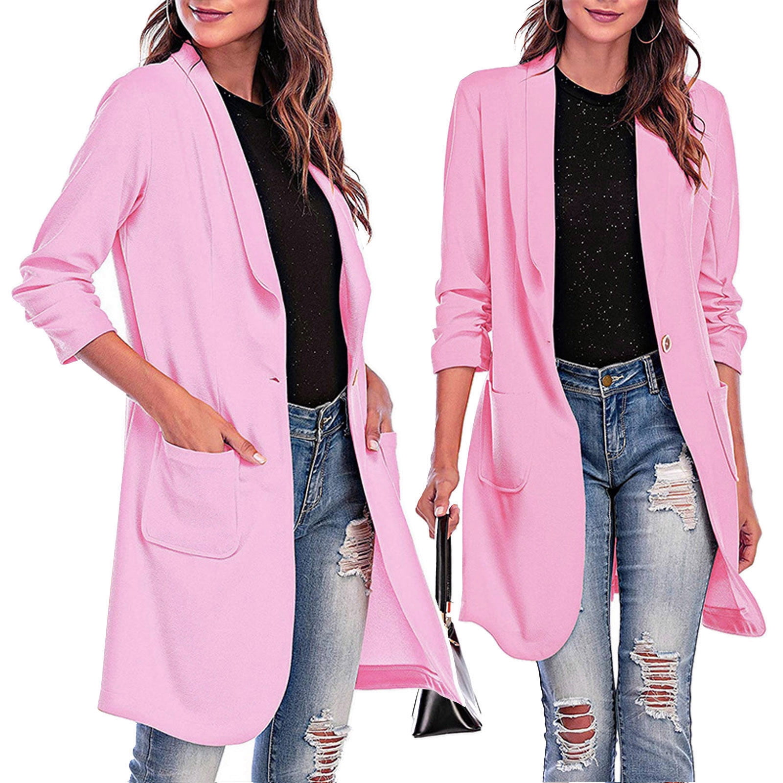 Meaneor Womens Casual Blazer Open Front Long Sleeve Cotton Cardigan Slim Short Jacket