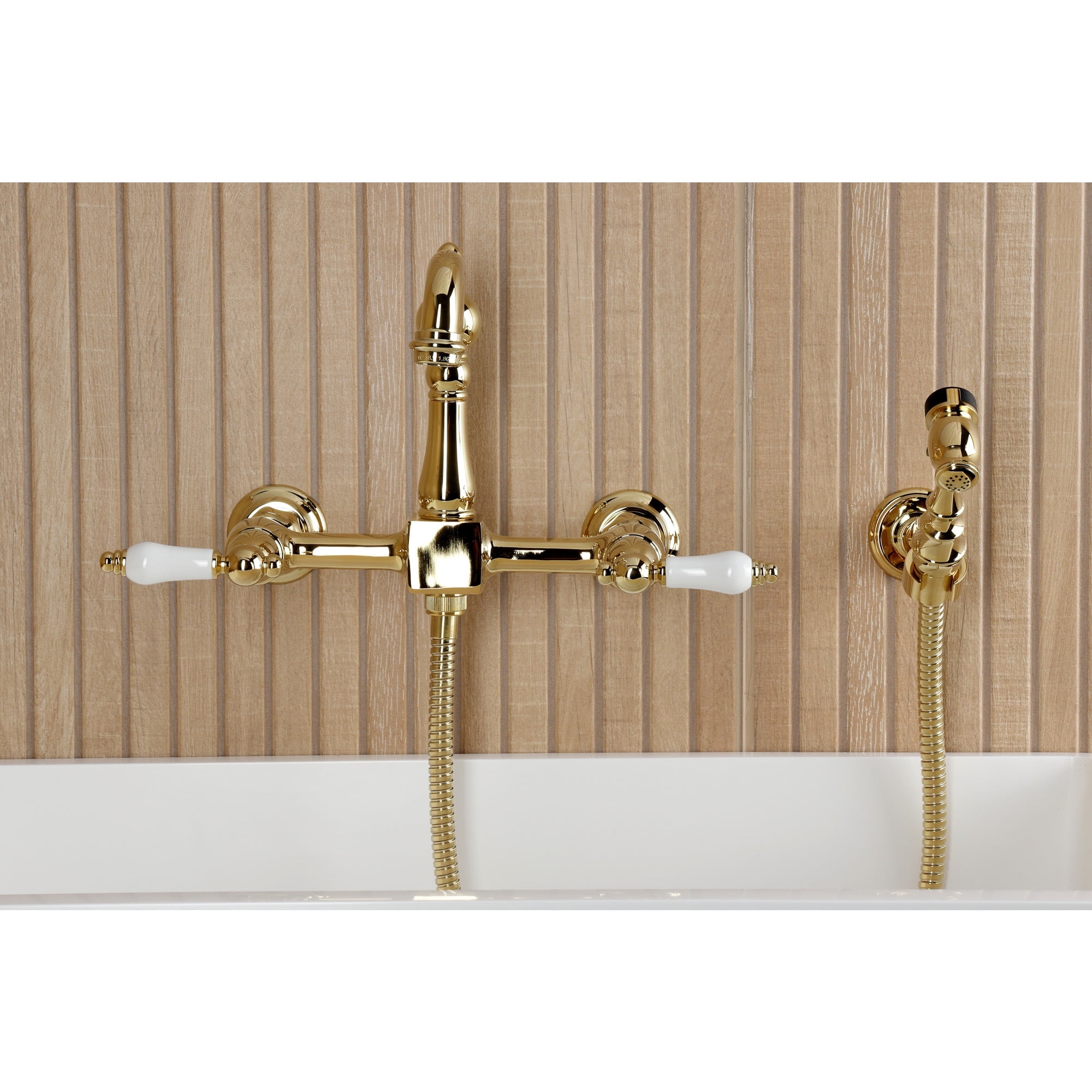 Kingston Brass KS2442PLBS Heritage Double-Handle 3-Hole Wall-Mount Bridge Kitchen Faucet with Brass Sprayer in Polished Brass