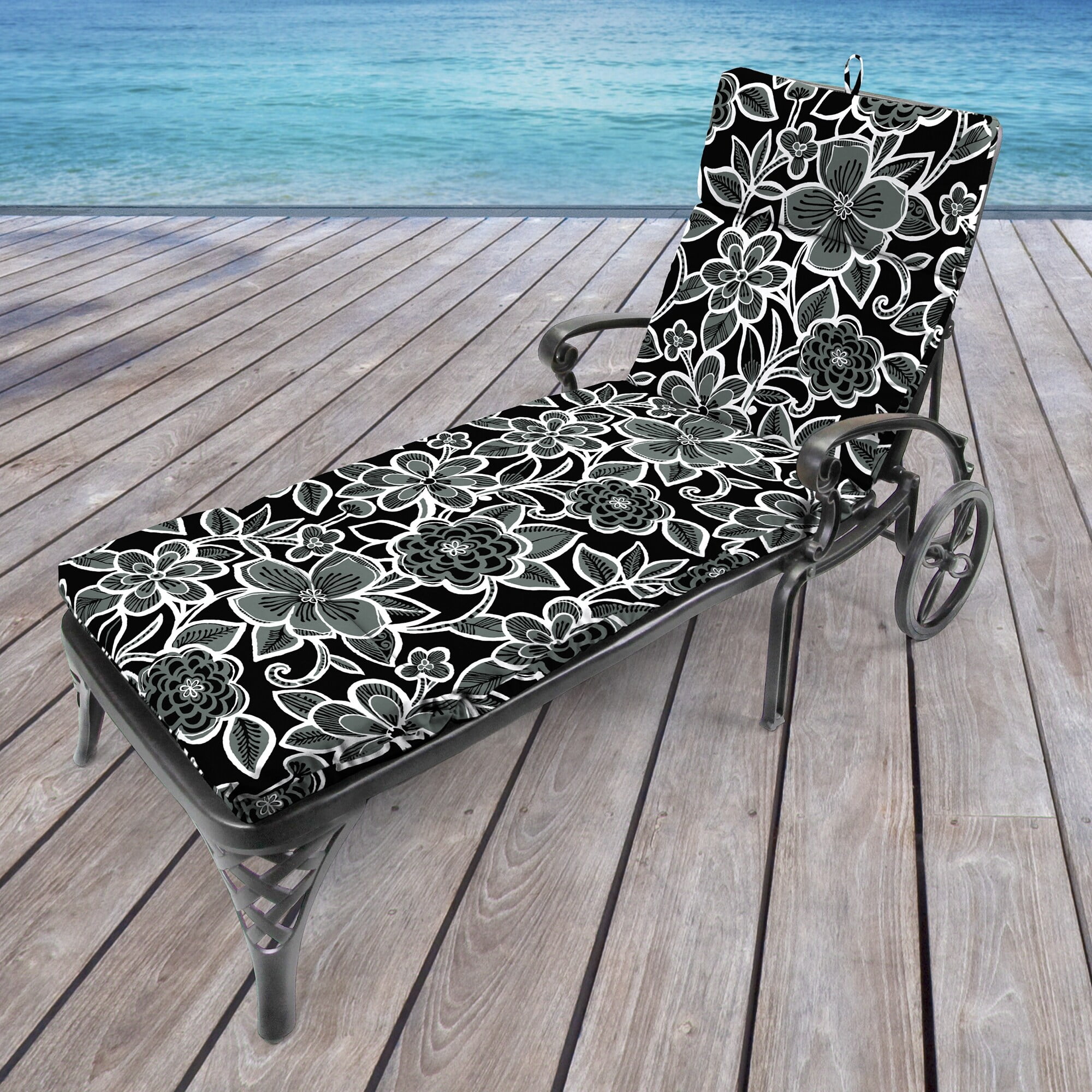 Jordan Manufacturing 72 x 22 Black Floral Outdoor Chaise Lounge Cushion with Ties and Loop Walmart
