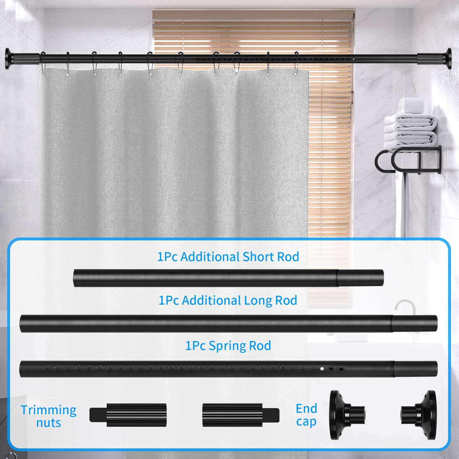Ktinnead Tension Curtain Rod 51-128in, Extra Long Curtain Rods No Drilling for Window Bathroom Patio, Adjustable Spring Shower Curtain Rod, Rod Diameter 1.26in-Black