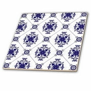 3dRose, Elegant Blue and White Medallion Pattern, 4 Inch Ceramic Tile
