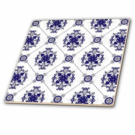 3dRose, Elegant Blue and White Medallion Pattern, 4 Inch Ceramic Tile