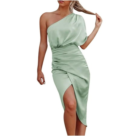 

Wedding Guest Dresses for Women Wedding Dress Fashion Women s Summer Elegant Sexy One Shoulder Irregular Dress Pure Color Skirt Dress Summer Dresses Valentines Dress Summer Savings Green XL