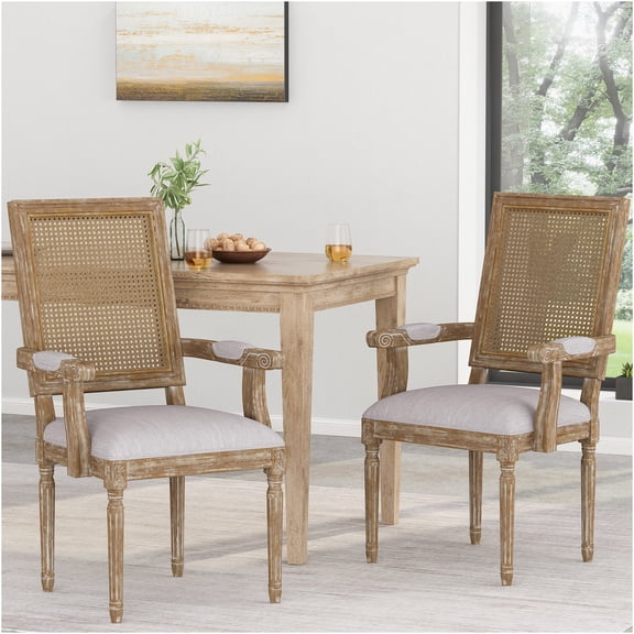 JERFIT French Country Dining Chairs with Cane Back, Set of 2, Light Grey Upholstered Armchairs for Kitchen and Dining Room