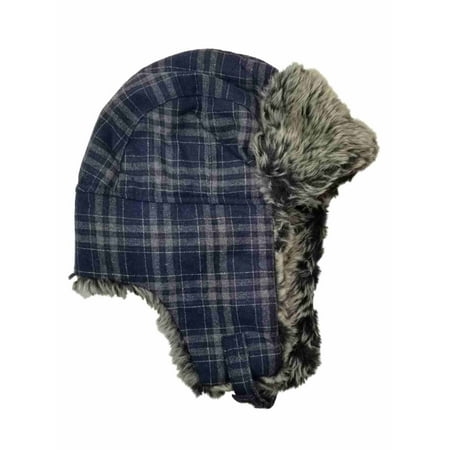 Hat Stocking Cap Beanie - Men's Blue Grey Plaid Fur Trimmed Peruvian Trapper Beanie Stocking Cap Hat
