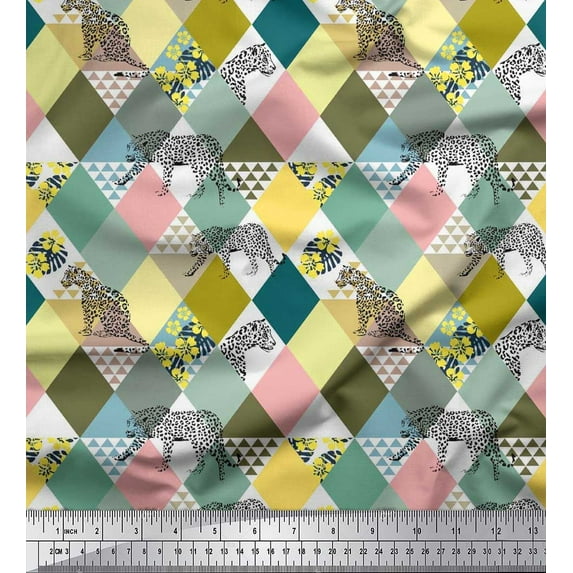 Soimoi Polyester Crepe Fabric Leopard & Argyle Patchwork Printed Craft Fabric by The Yard 52 Inch Wide