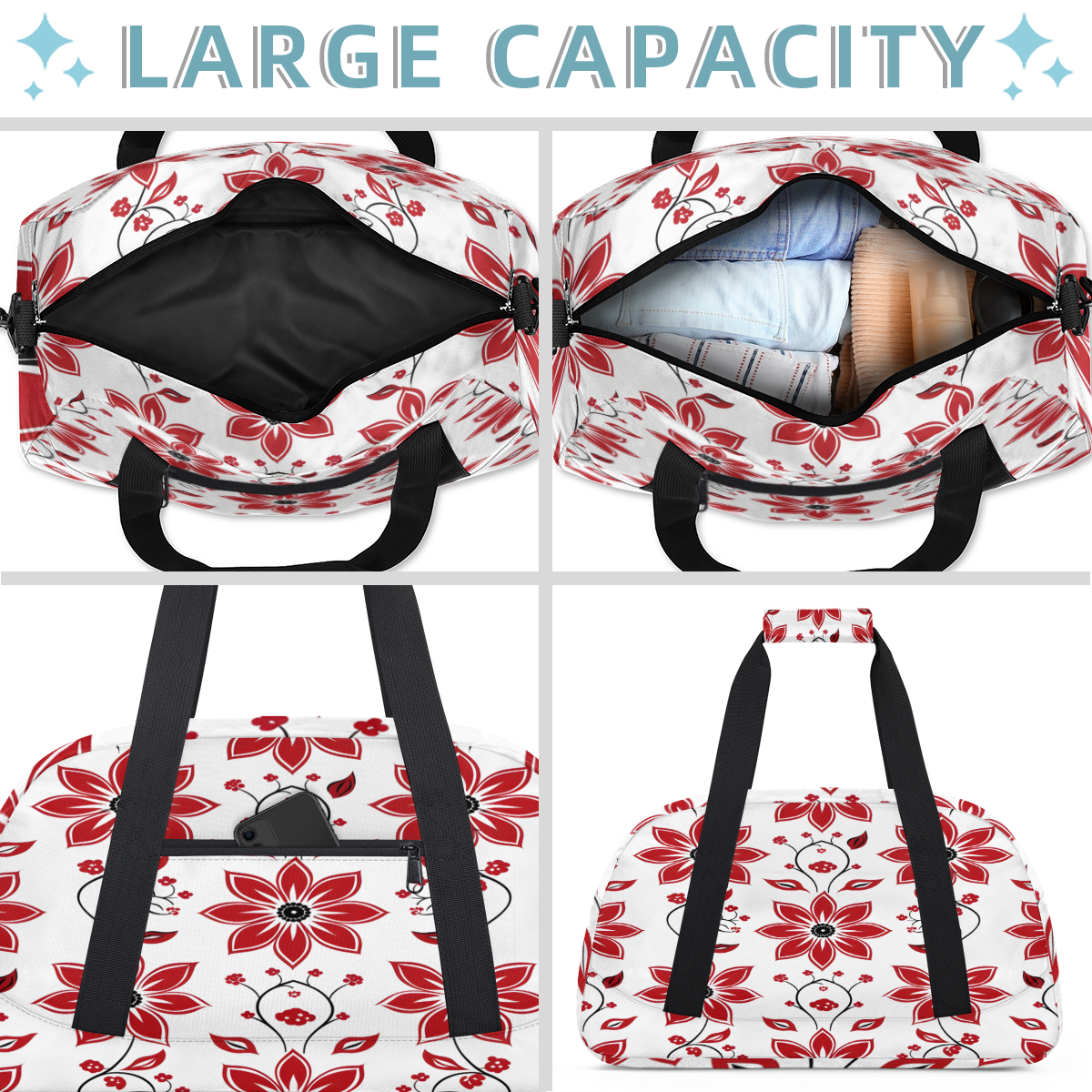 Herdesigns Red Sports Duffle Bag for Women & Men, Floral Gym Bag Dance Bag Overnight Bag Carry On Weekender Travel Bag