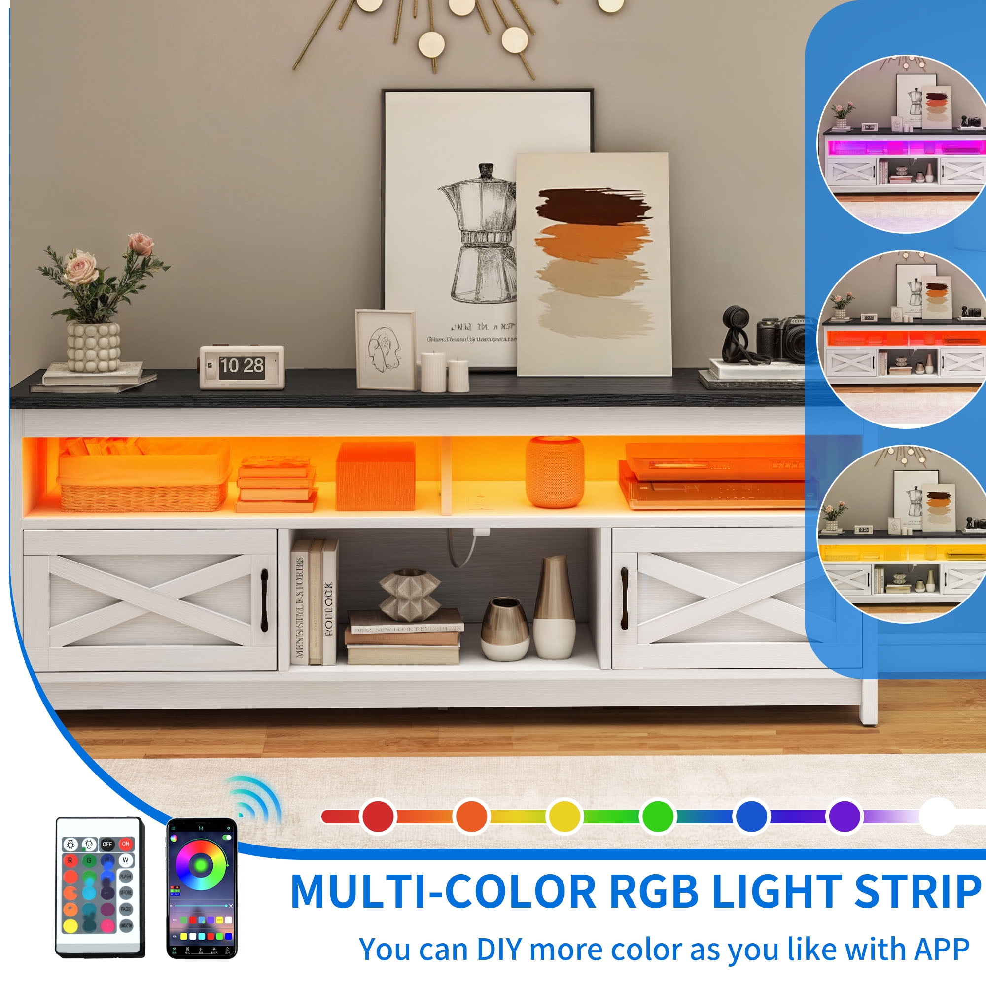 Uforic Farmhouse LED TV Stand with Power Outlet, Media Entertainment Center Console for 75 Inch TV, Black and White
