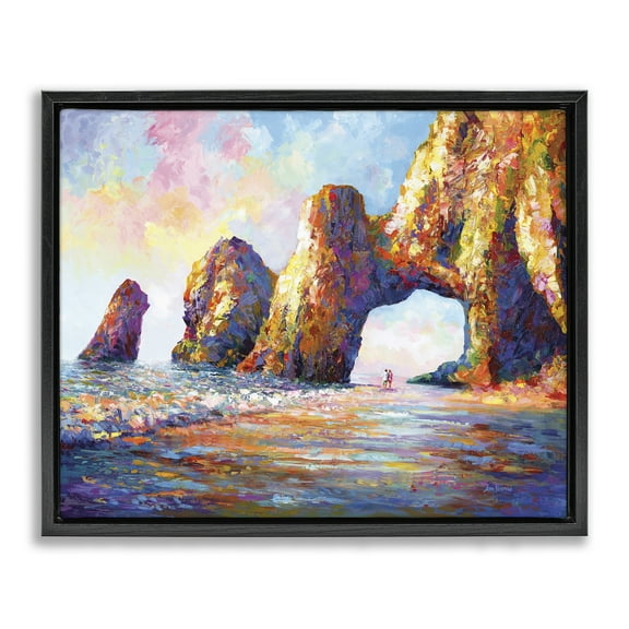 Stupell Industries Couple Strolling Beach Arch Landscape Painting Black Floater Framed Canvas Art Print Wall Art, 21 x 17