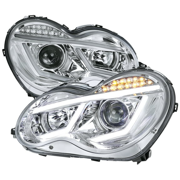 Projector Headlights w/ LED Light Bar & LED Turn Signal Lights (Chrome Housing/Clear Lens) Made for and Compatible with 2001-2007 Mercedes Benz W203 C Class Sedan