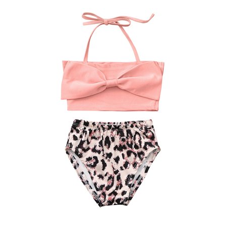 

Children Kids Girls Sleeveless Bow Swimsuit+Leopard Print Shorts Swimwear Set