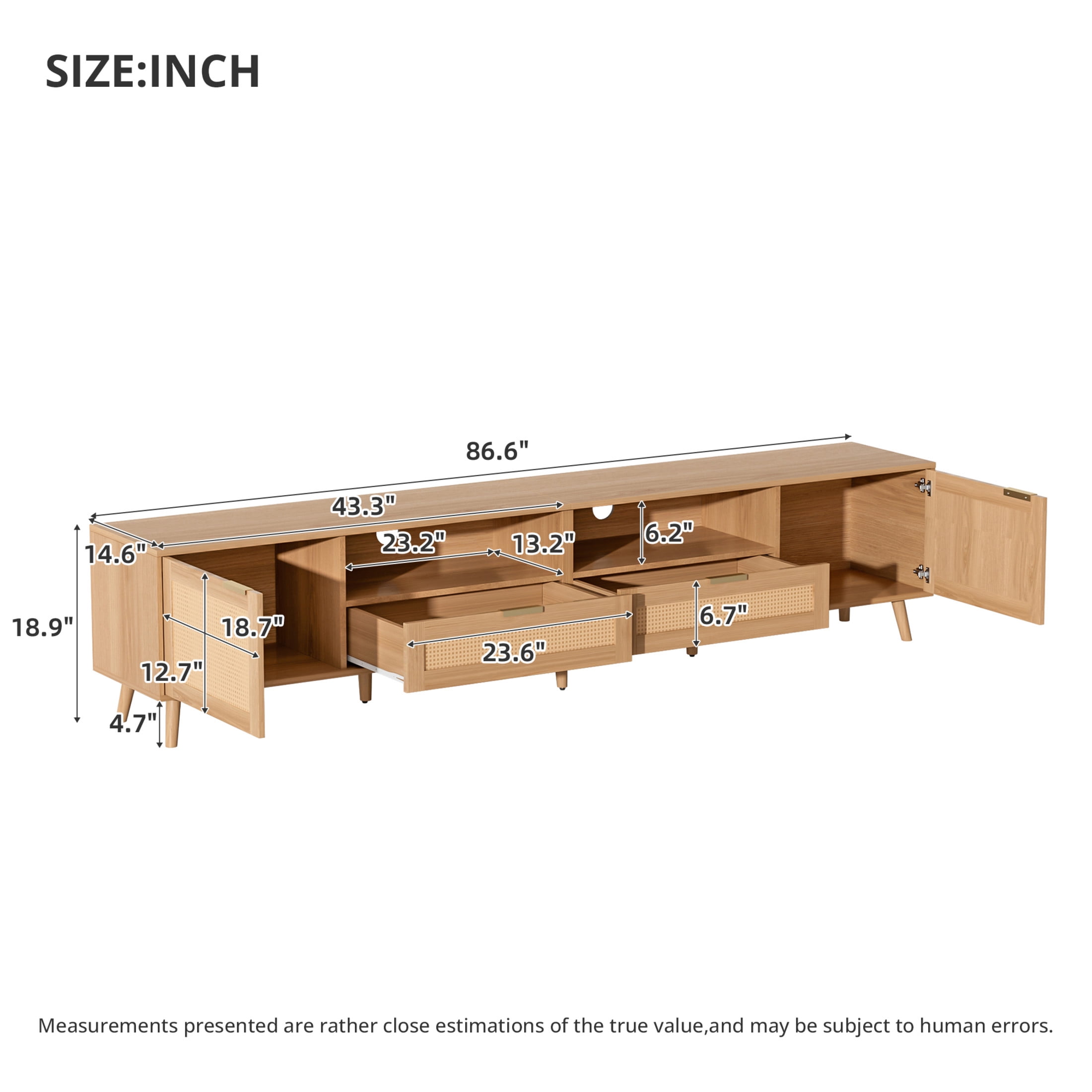 Noble House Rattan TV Stand for TVs up to 90 Inch with Storage Cabinets, Open Shelves, Wood