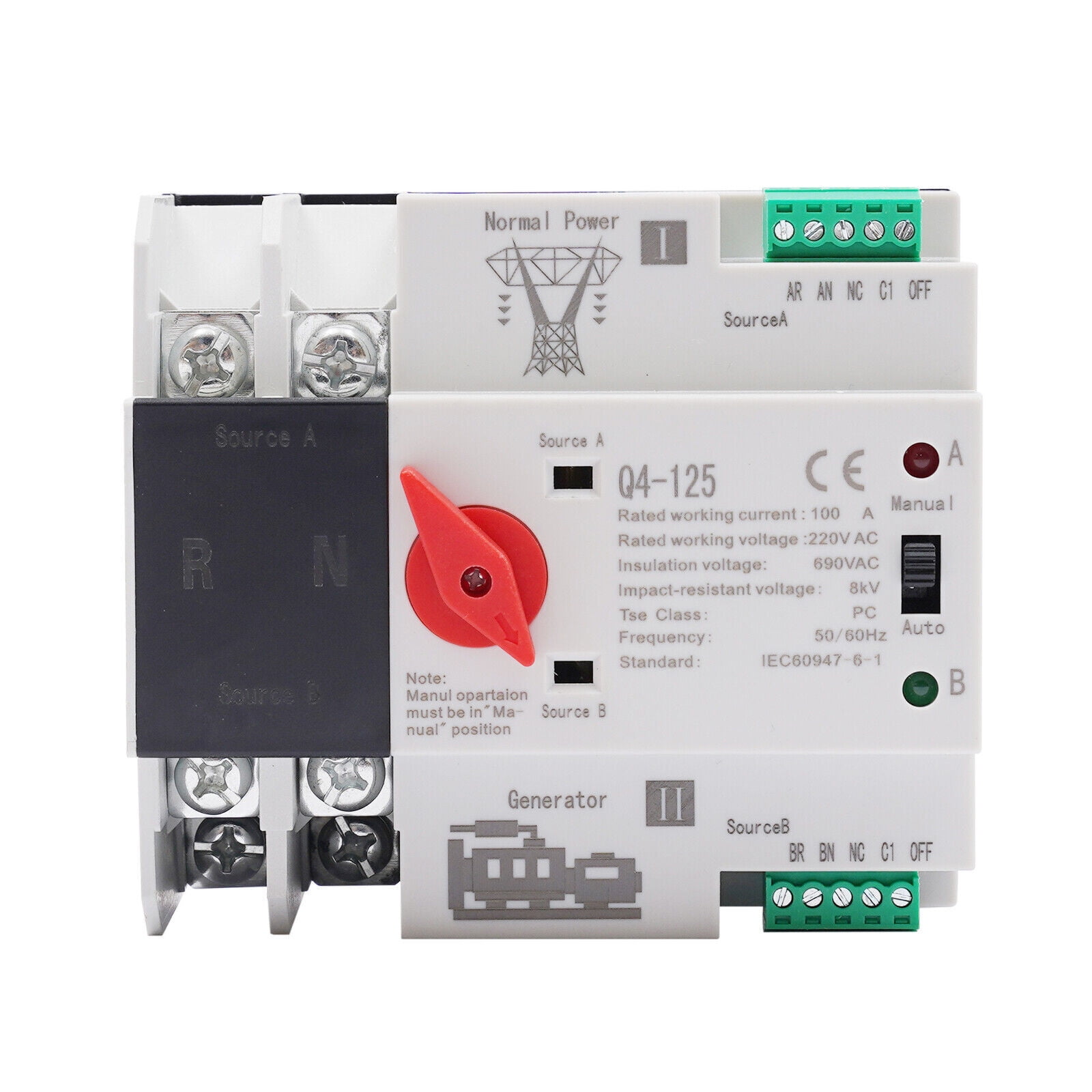 Automatic Transfer Switch 2P 100A Generator Changeover Switch Dual-Power