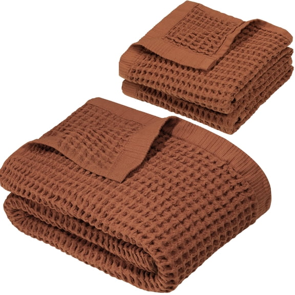 DEMMEX Organic Cotton Waffle Weave Turkish Towel Set for Bathroom, 100% OEKO-TEX Certified Super Soft Turkish Cotton, Lightweight & Quick Dry, 1 Bath & 2 Large Hand Towels, 30x60/20x30 in, Terracotta