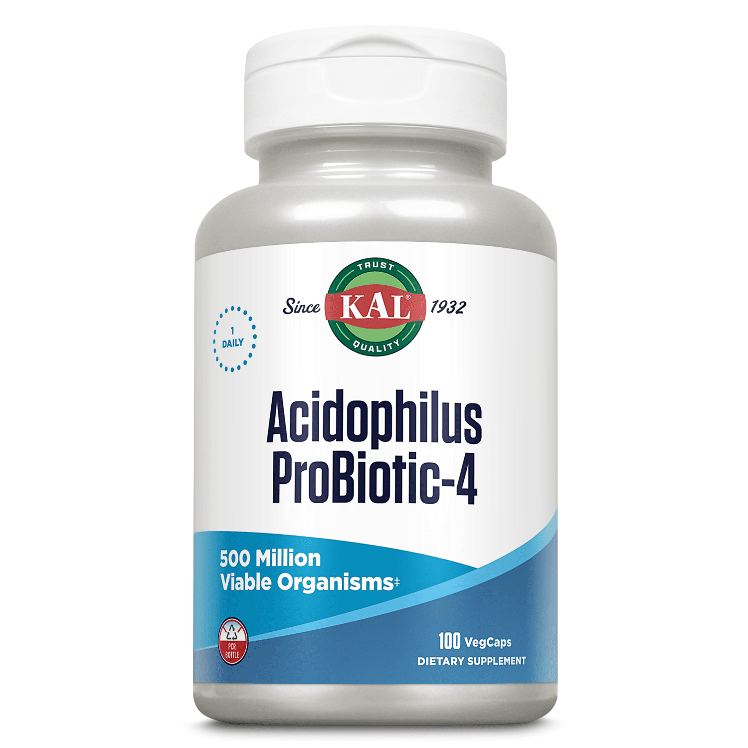 KAL Acidophilus ProBiotic - 4 | For Intestinal Flora Nutritive Support | 500 Million CFUs, 4 Strains | For Men & Women | Vegetarian Capsules | 100ct