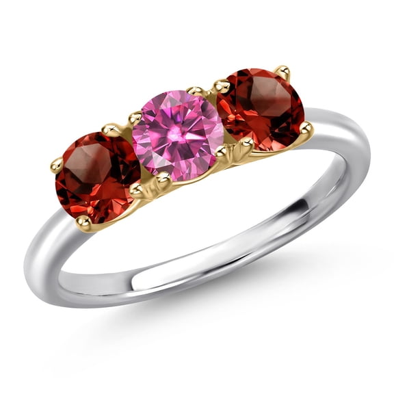 Gem Stone King 925 Silver and 10K Yellow Gold Pink Moissanite and Red Garnet Engagement Ring for Women | 1.60 Cttw | Round 5MM | Gemstone Birthstone | Size 5