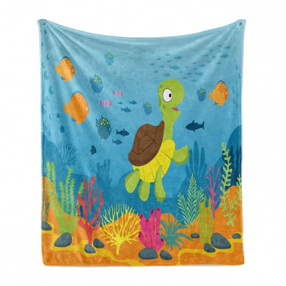 Deep Sea Soft Flannel Fleece Throw Blanket, Funny Turtle and Different Fish Types in the Bottom of the Ocean Nautical Theme, Cozy Plush for Indoor and Outdoor Use, 50" x 70", Multicolor, by Ambesonne