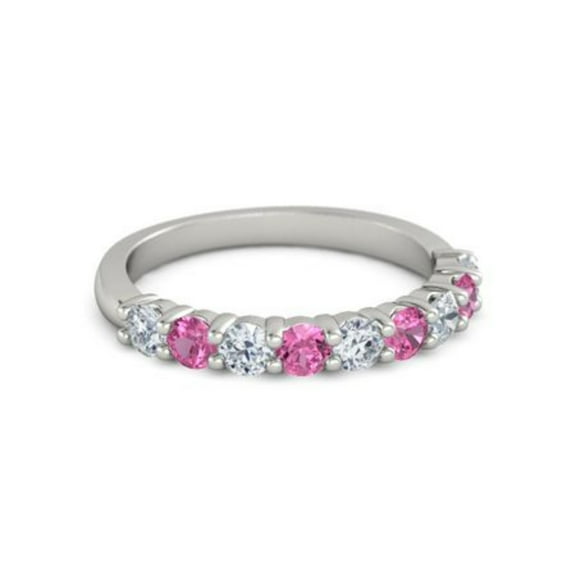 925 Sterling Silver Round 2.50 MM White Cz Pink Tourmaline Eternity Women Ring Size US- 4