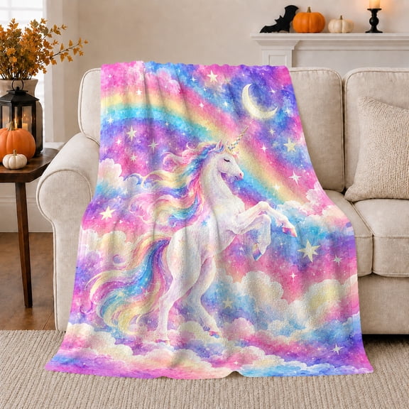 Whimsical Celestial Unicorn Rainbow Watercolor Dreamland, Festive Holiday Scene, Warm Flannel Blanket for Living Room and Family Room, Art Lovers Christmas Gift, Festive Home Decor