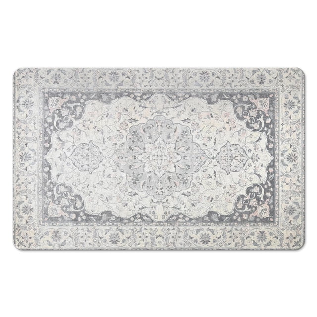 Supreme Quality Vintage Bathroom Rug Set in Gray, Non-Slip & Soft, Long Bathroom Rugs with Contour Toilet Rug, Machine Washable, Showcasing Oriental Floral Design, Ideal for Tub, Shower, 20x32 in