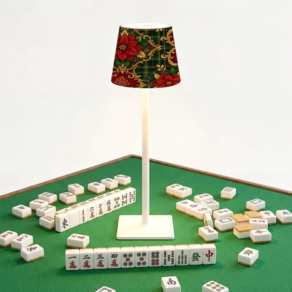 Mahjong Cordless Table Lamp Festive Christmas Poinsettia Gold Filigree Red Green LED Desk Lamps Rechargeable 3 Color Dimming Outdoor for Mah Jong Table Nightstand Living Room Gift