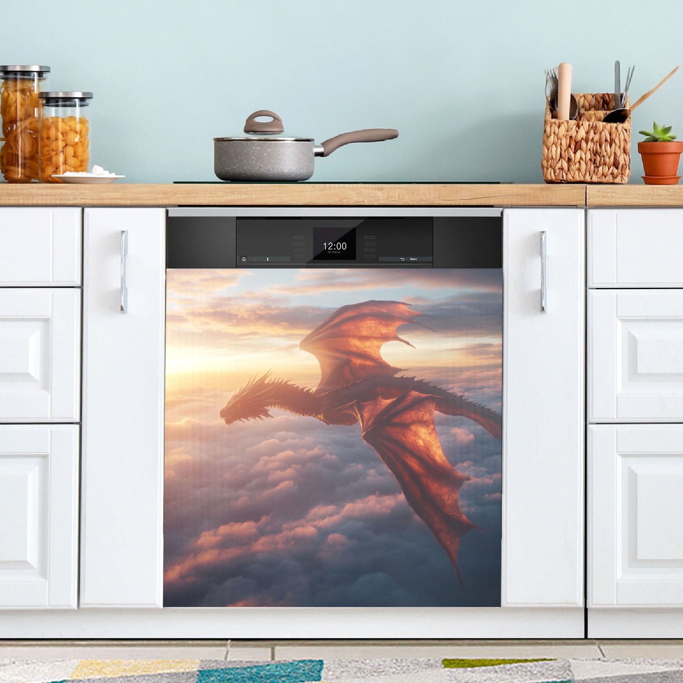 Dishwasher Magnetic Sticker 23x26 Inch Refrigerator Magnetic Sticker Washing Machine Magnetic Sticker Kitchen Panel Magnetic Sticker Home Decor Flying Dragon in The Sky