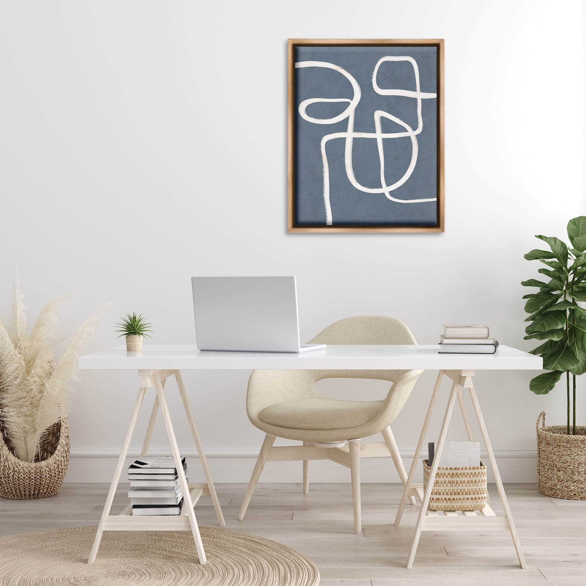 Stupell Industries Freeflow Line on Blue Abstract Painting Brown Floater Framed Canvas Art Print Wall Art, 25 x 31
