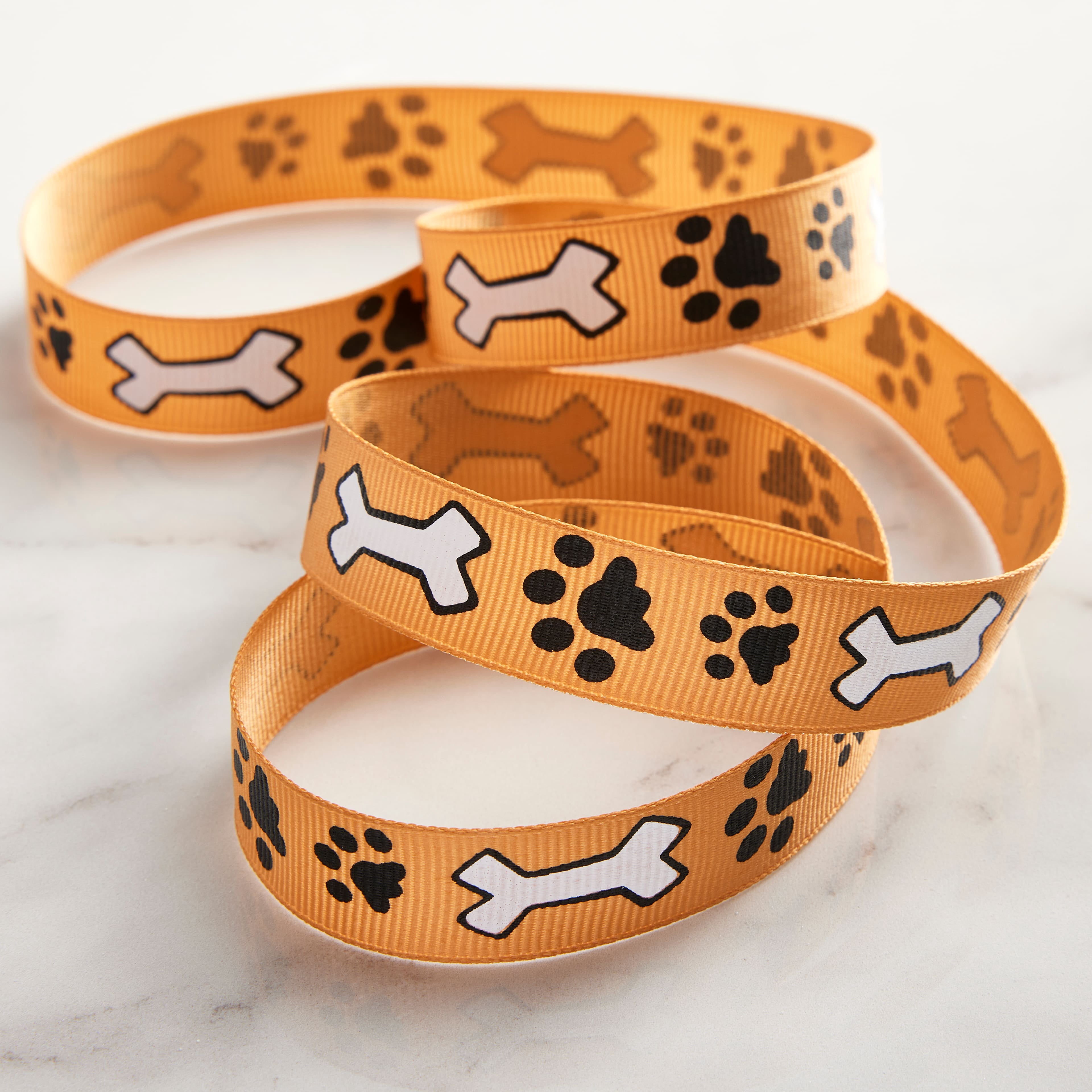 Celebrate It 5/8" x 7yd. Grosgrain Paw Print & Dog Bone Ribbon - Yellow, White & Black, Wired with Woven Selvage, Polyester - Ideal for Pet-Themed Crafts, Gifts & Decor, 12 Pack