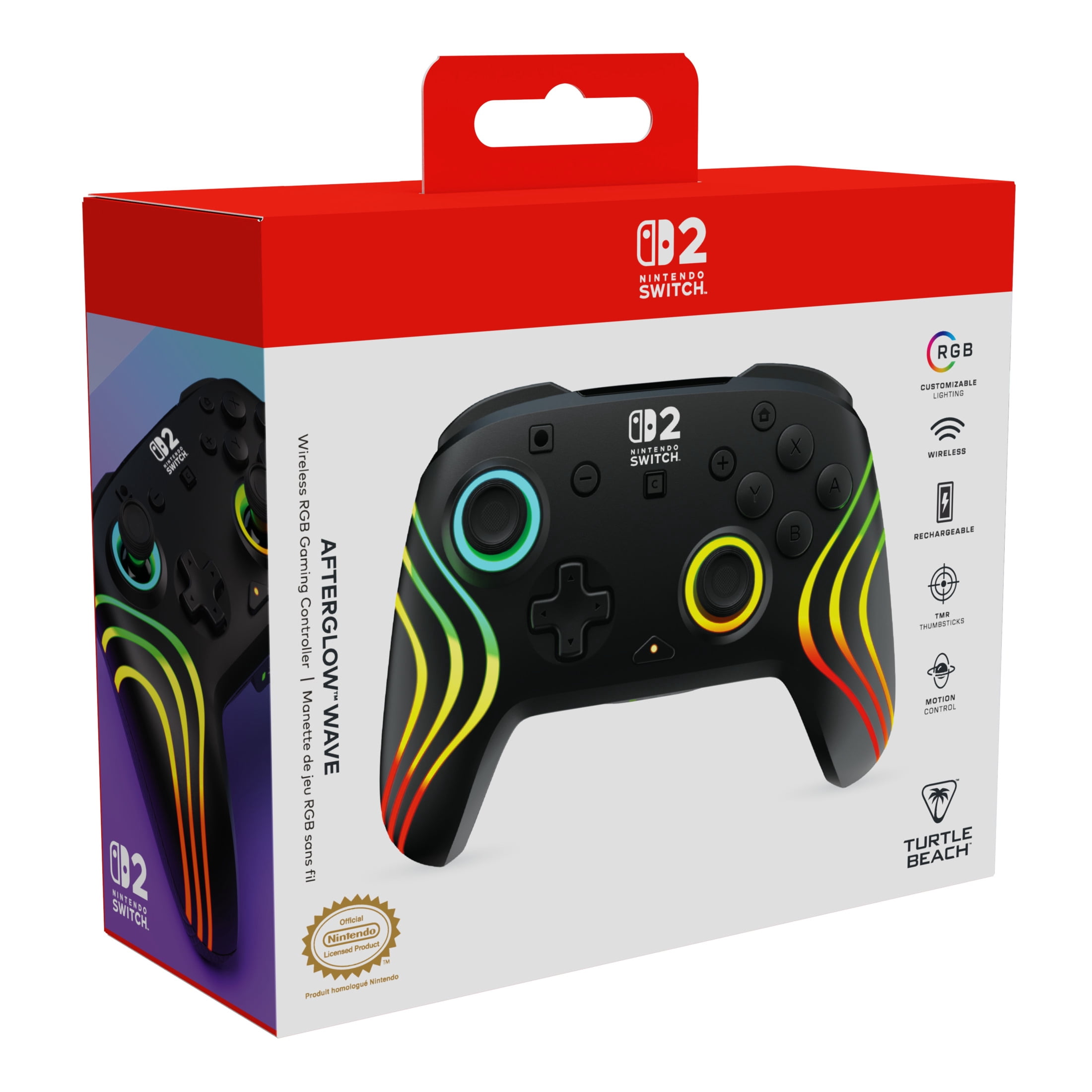 Turtle Beach Afterglow Wave Wireless RGB Gaming Controller (Black) - Officially Licensed for Nintendo Switch 2, Nintendo Switch - Customizable Lighting, TMR Sticks, RBG