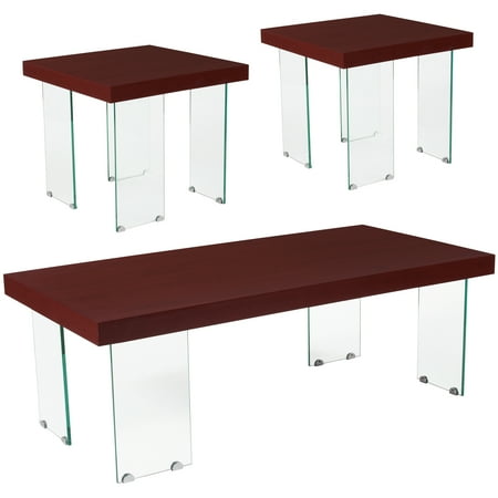 - Forest Hills Collection Flash Furniture 3 Piece Coffee and End Table Set in Red Cherry Wood Grain Finish and Glass Legs