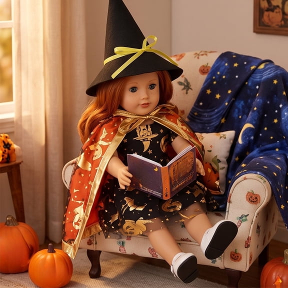 WOHAPY Upgrade 18in Doll Halloween Costume Set, Witch Cloak Skirt & Hat Outfit, Festival Doll Dress-Up Accessories