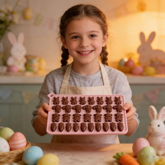 QuanTara Easter Bunny Chocolate Mold Pink, 5.04x7.28in Baking Mold for Candy, Fondant, Resin, Silicone Kitchen Tool, Baking Supplies
