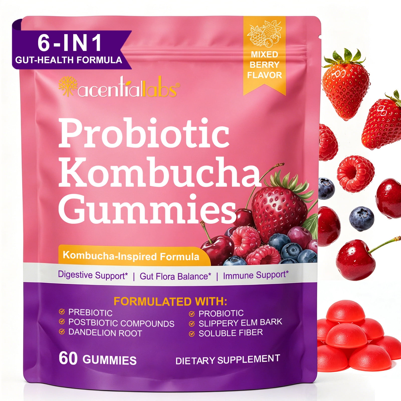 Probiotic Kombucha Gummies, Digestive Support, Mixed Berry Flavor, 60 Gummies