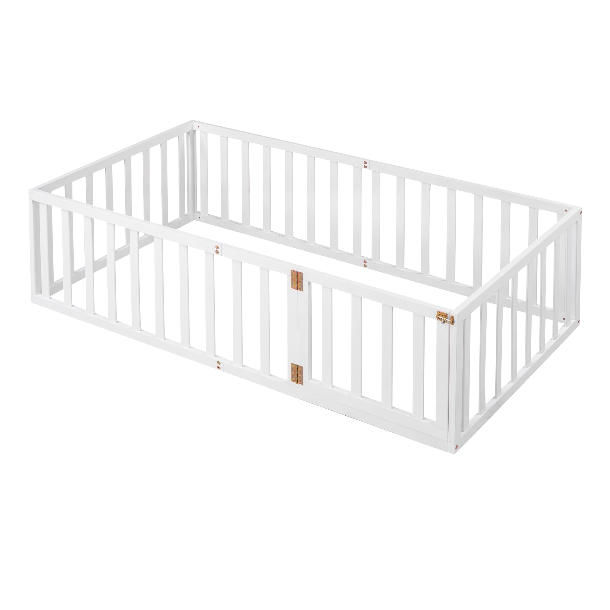Mintazer Twin Floor Bed with Guardrails & Hinged Gate Door, Montessori Toddler Floor Bed Frame for Kids, White