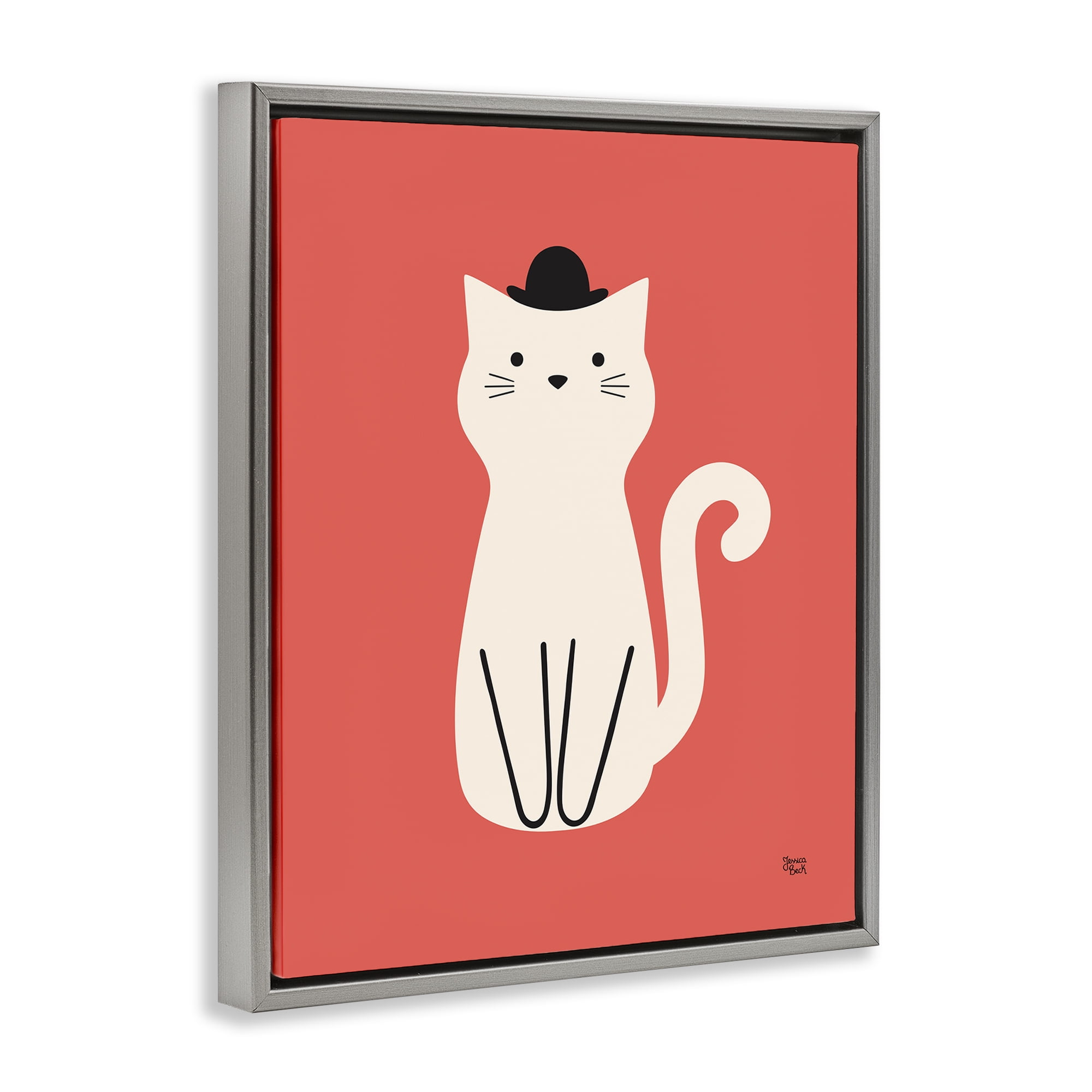 Stupell Industries Cat with Top Hat Animals Painting Gray Floater Framed Canvas Art Print Wall Art, 17 x 21