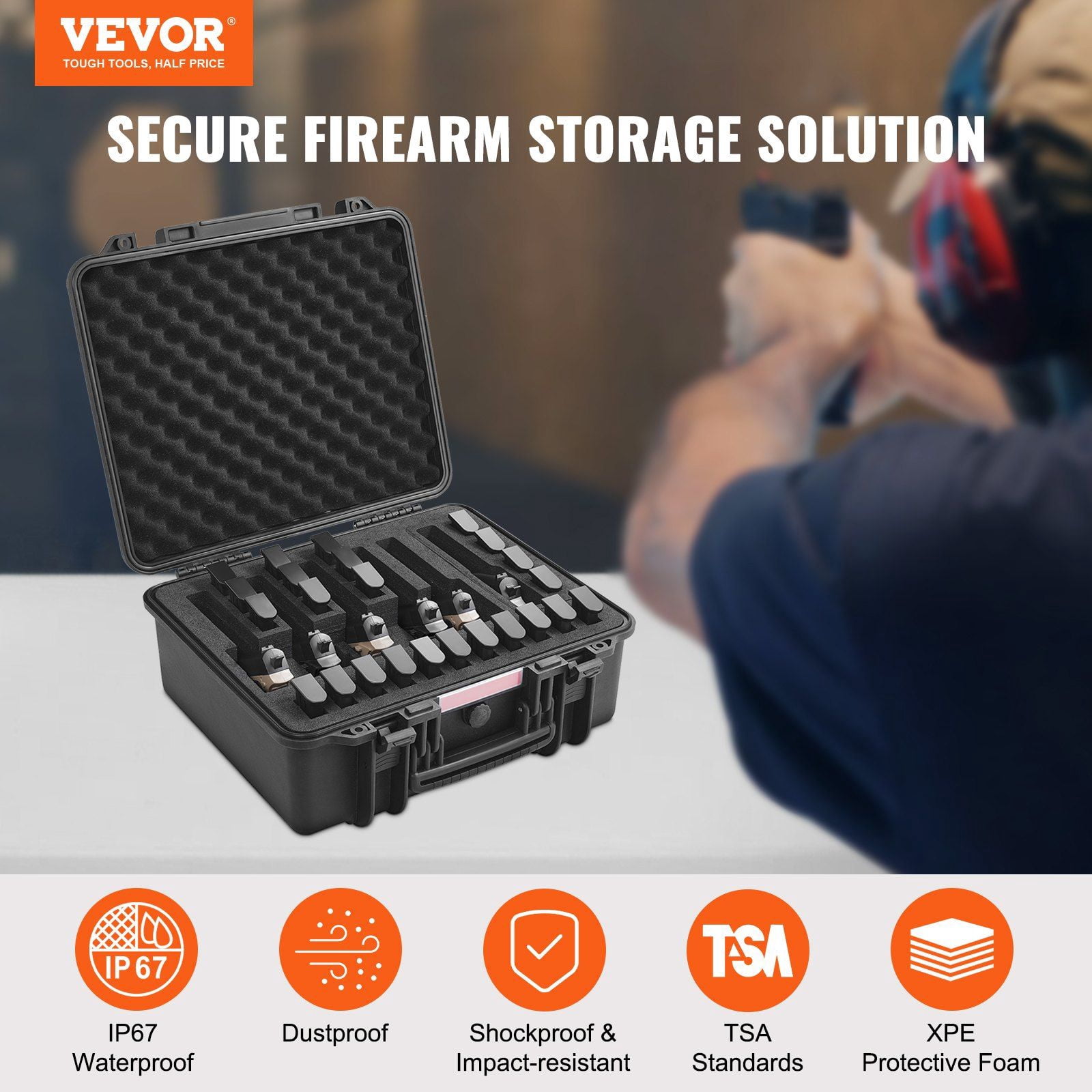 Lockable Hard Pistol Case with PU Foam - Waterproof & Dustproof Gun Storage, Fits 1 Handgun, 19.3×17.1×8.3 in, Black - Secure Firearm Protection