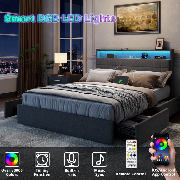 Satifur Queen Bed Frame with Storage Headboard, Platform Bed with 4 Drawers, Rivet Upholstered Bed Frame with LED Lights & Charging Station, Dark Grey