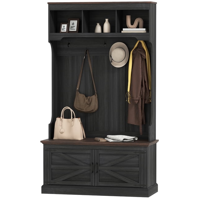 CoSoTower 3-in-1 Hall Tree with Bench, Coat Rack with Shoe Storage, Distressed Black