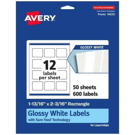 UPC: 0194793904376 | Avery Glossy White Rectangle Labels with Sure Feed  1-13/16  x 2-3/16   600 Glossy White Labels  Print-to-the-Edge  Permanent Label Adhesive  Laser/Inkjet Printable Labels