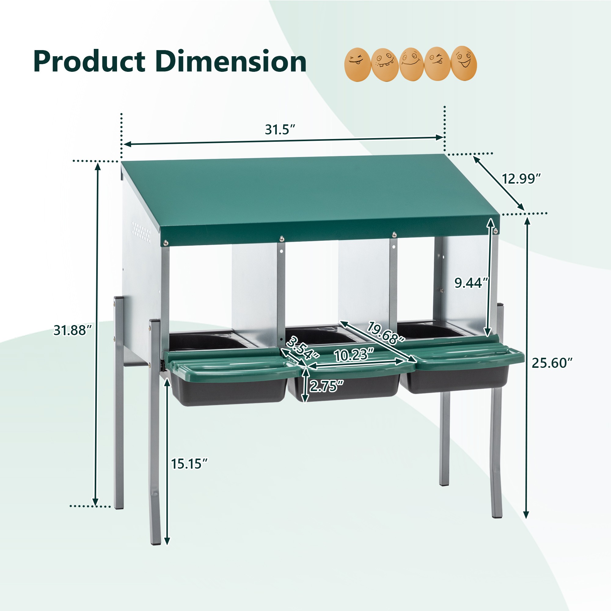 Leumius Nesting Boxes for Chickens,3-Hole Chicken Nesting Boxes,Chicken Laying Box with Lid Cover for Outdoor Chicken Coop Farm Yard,Green
