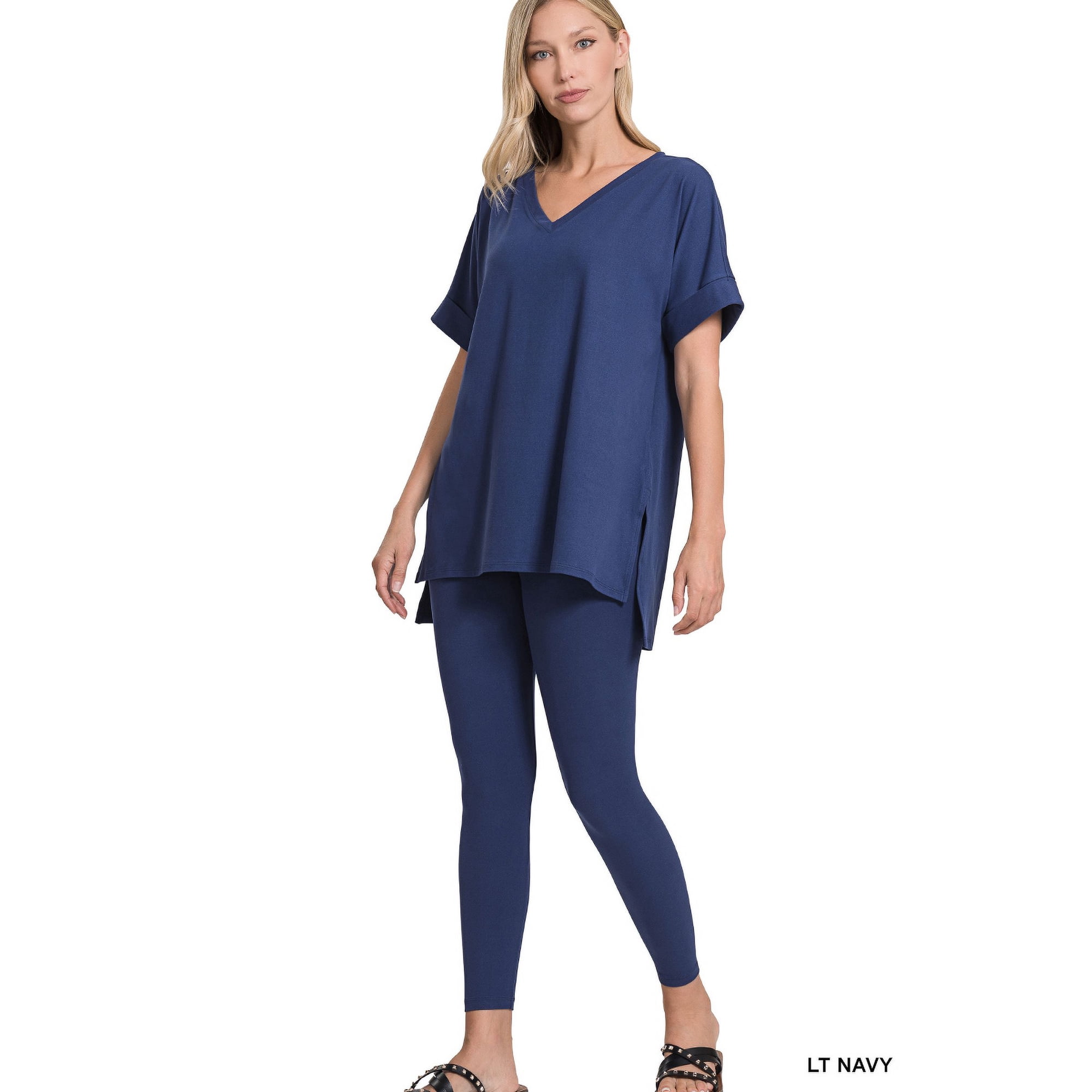 Zenana Women s V-Neck Short Sleeve & Leggings Comfy Loungewear Activewear Set