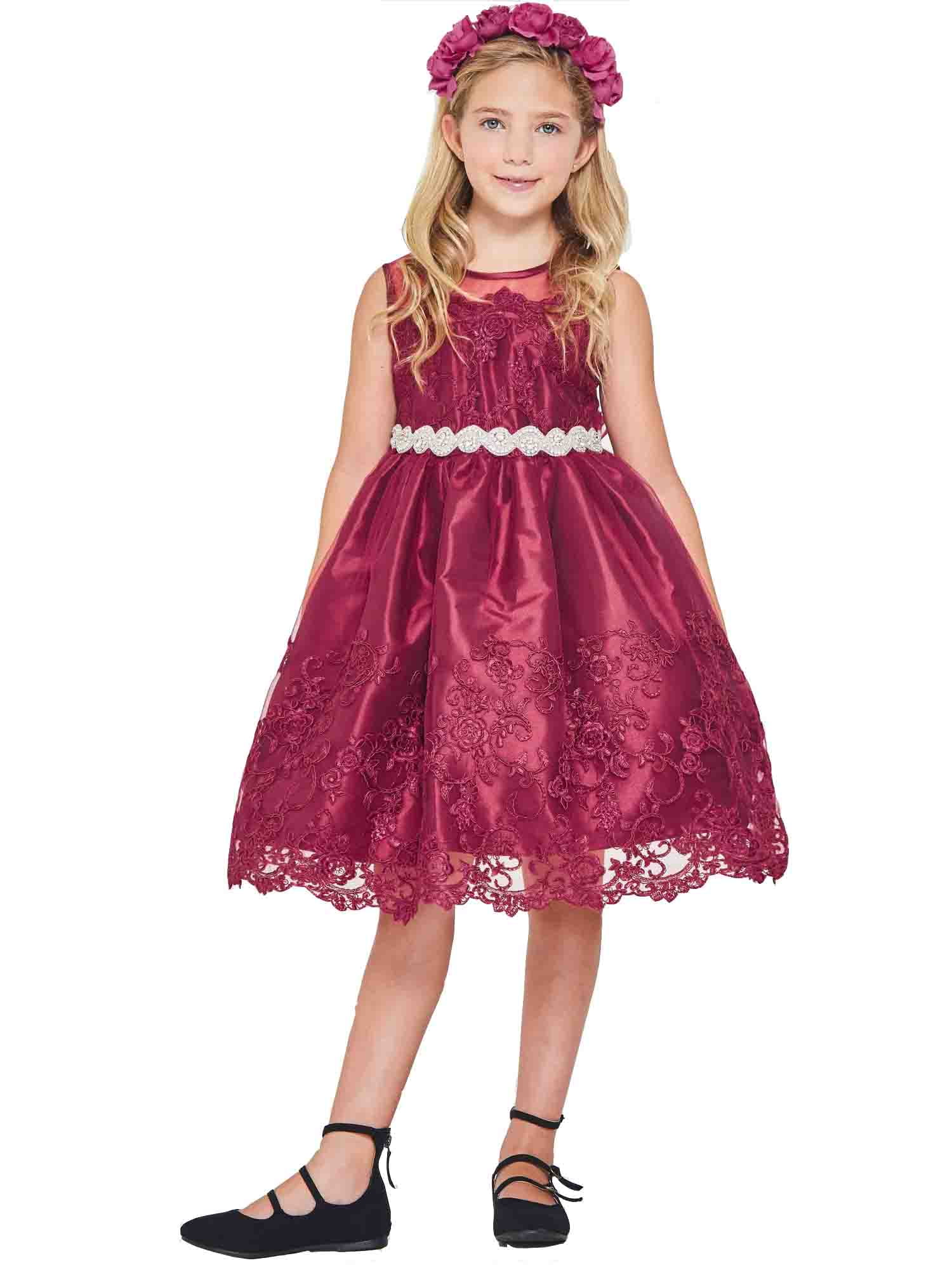 Good Girl Little Girls Burgundy Embroidered Mesh Rhinestone Belt