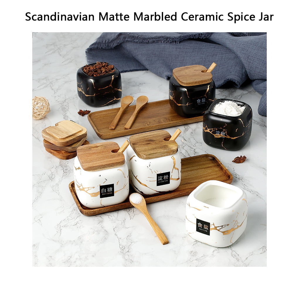 Seasoning Pot Nordic Marble Pattern Ceramic Spice Jar Set Salt