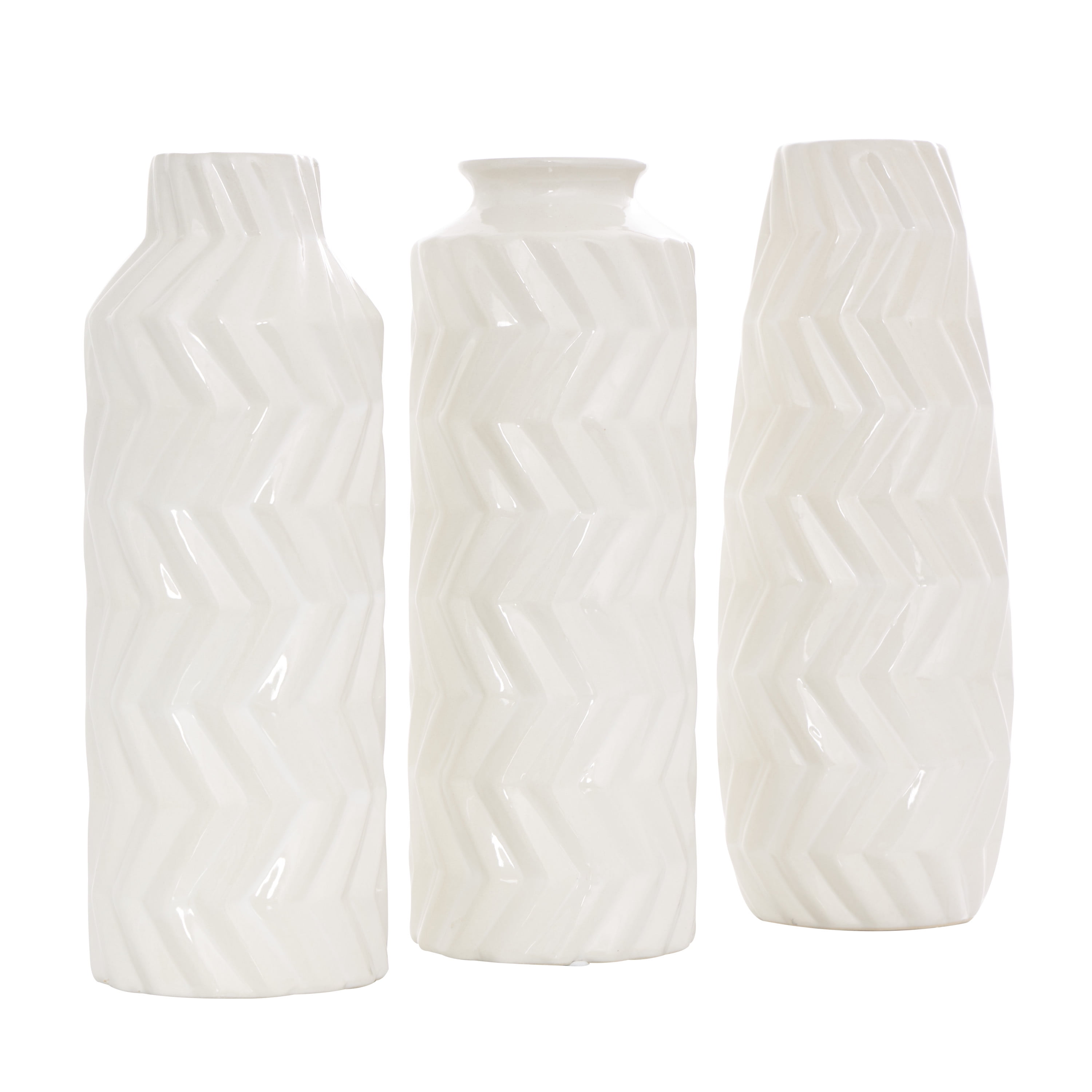 DecMode 4"W, 11"H Dimensional Chevron Textured White Ceramic Vase with Varying Shapes, Set of 3