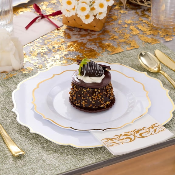 350 PCS Gold Disposable Plates, Scalloped Dinnerware Set for 50 Guests, 100 Plastic Plates, 150 Silverware, 50 Cups & 50 Paper Napkins, Gold