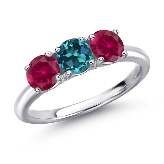 Gem Stone King 925 Sterling Silver London Blue Topaz and Red Created Ruby Engagement Ring for Women | 1.90 Cttw | Round 5MM | Gemstone November Birthstone | Size 9